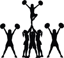 Cheerleaders performing a pyramid formation with pom poms, cheerleading, cheerleaders, team, sport, athletic, performance, pyramid, formation, stunt, acrobatic, jump, dance, competition, school spirit