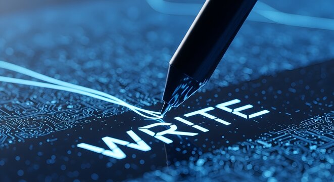 Digital writing concept pen writing the word write on a blue circuit board