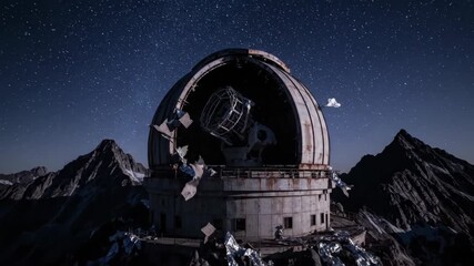 Abandoned astronomical observatory dome crumbling on a snowy mountain under a starry night sky, archives of the future concept footage.