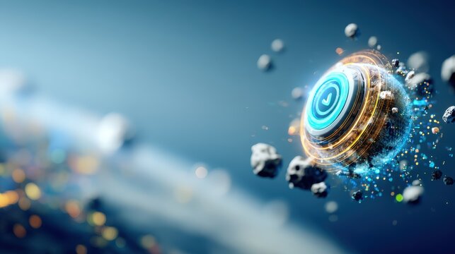 Exploring cosmic innovation futuristic orb technology amid asteroids space digital art celestial environment high perspective sci-fi concept