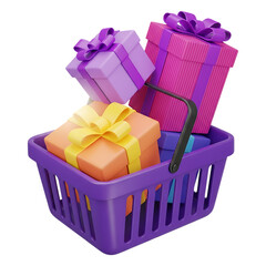 Vibrant gift boxes in a purple shopping basket for celebrations isolated on transparent background