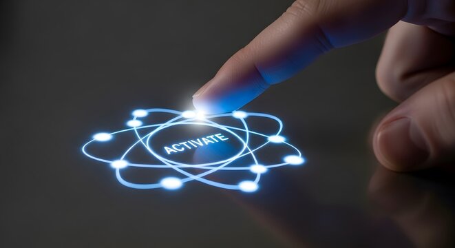 Activating science and technology finger tapping a glowing atom icon on screen