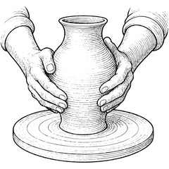 Hands shaping a vase on a pottery wheel. Potter's wheel, ceramic sketch vector illustration isolated on transparent background