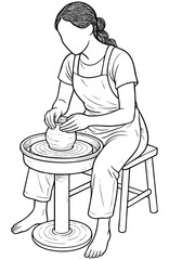 A girl shaping clay vase on potter's wheel, pottery sketch vector illustration on transparent background