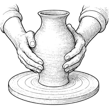 Hands shaping a vase on a pottery wheel. Potter's wheel, ceramic sketch vector illustration isolated on transparent background