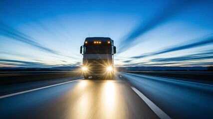 A semitruck drives down a highway at dusk with its headlights on, creating light trails