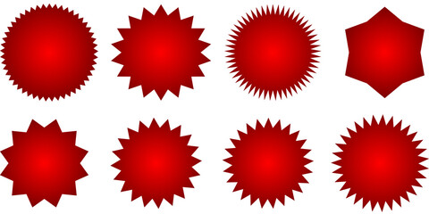 A collection of eight different red starburst seal shapes isolated on a white background.