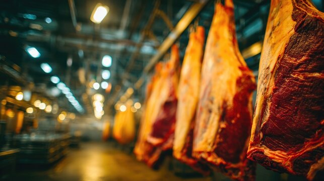 Row of Beef Carcasses Hanging in Industrial Slaughter and Processing Facility - Powered by Adobe