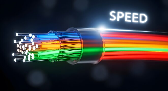 Fiber optic cable showing speed and connectivity with colorful light trails