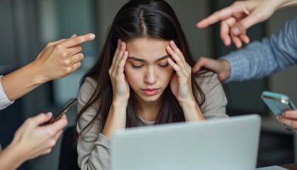 Overwhelmed woman surrounded by pointing fingers