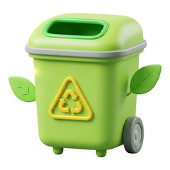 Green recycling bin with leaves and prominent recycle symbol isolated on transparent background