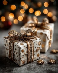 Beautifully wrapped gifts with bows under a decorated pine Christmas tree with lights and bokeh