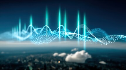 Dynamic sound waves visualization in urban skyline digital art vibrant technology aerial view conceptualizing sound through data