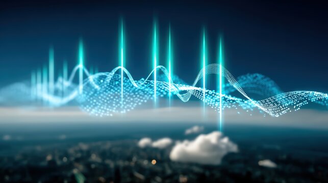 Dynamic sound waves visualization in urban skyline digital art vibrant technology aerial view conceptualizing sound through data