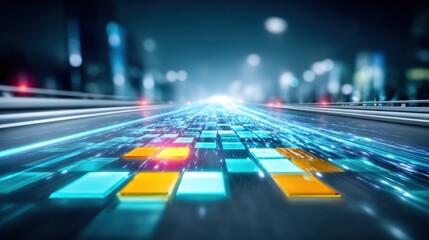 Fast-paced technology integration urban cityscape digital art futuristic environment wide angle innovation in motion