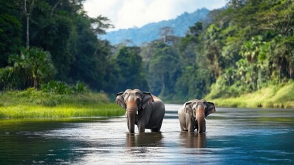 Majestic Elephants Walking Through Calm River in Lush Green Forest Scene