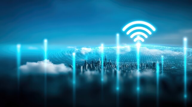 Innovative wireless technology revolutionizes urban connectivity cityscape digital art futuristic environment aerial perspective connectivity and progress