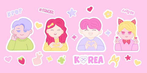 Cute K-pop sticker set in chibi style. Korean phrases, pastel colors. Perfect for prints, digital stickers, planners, and K-pop lovers. Korean phrases (사랑해) — I love you