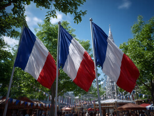 French flags waving celebrating bastille day festival