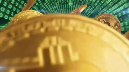 Bitcoin cryptocurrency coins falling through a digital binary code tunnel - Powered by Adobe