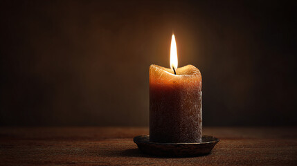 A single candle burning brightly on a wooden surface, evoking a sense of warmth and tranquility. The candlelight illuminates the surrounding area with a soft glow