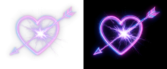 Neon heart with arrow and electric sparks, isolated overlay PNG . Heart-shaped PNG illustration. valentine day, february 14, 