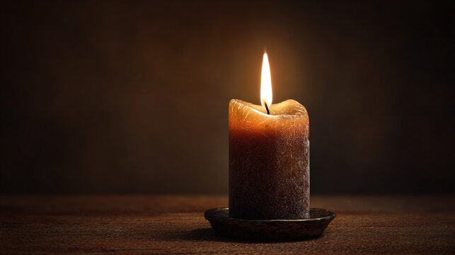 A single candle burning brightly on a wooden surface, evoking a sense of warmth and tranquility. The candlelight illuminates the surrounding area with a soft glow - Powered by Adobe