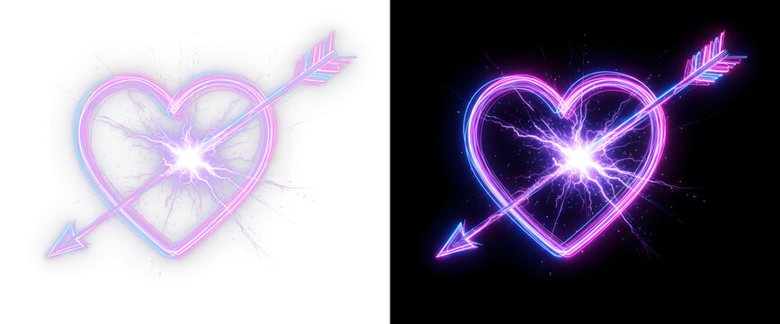 Neon heart with arrow and electric sparks, isolated overlay PNG . Heart-shaped PNG illustration. valentine day, february 14, - Powered by Adobe