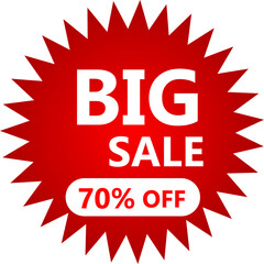 Red starburst sale sticker with 'BIG SALE 70% OFF' text for retail promotion.