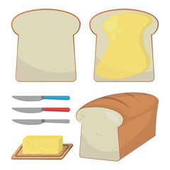 Bread, Butter, and Knives - Illustration of Bread Loaf, Slice with Butter, and Knives. Ideal for Breakfast, Kitchen, or Sandwich Concepts.