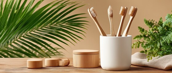 A collection of bamboo toothbrushes arranged inside a simple cup, surrounded by fresh green leaves, promoting eco-friendly hygiene