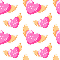 Seamless pattern with pink heart with wings and the word love in flat style. Perfect for valentines and romantic design card, wallpaper.