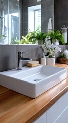 A modern bathroom features a fresh green plant beside a bowl sink and neatly folded white towels on a wooden counter