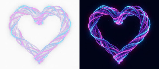 Vibrant neon heart-shaped light swirl isolated PNG overlay.  Perfect for romantic designs, banners,...