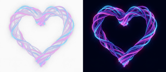 Vibrant neon heart-shaped light swirl isolated PNG overlay. Perfect for romantic designs, banners, and decorations. Valentine day, February 14, wedding, romance. Love valentine's background