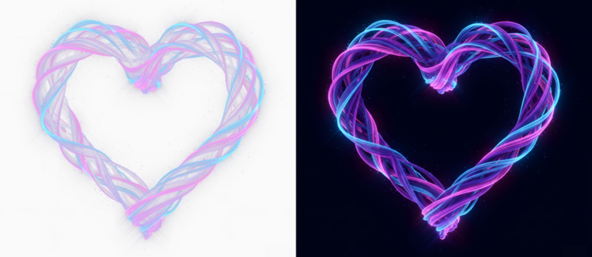 Vibrant neon heart-shaped light swirl isolated PNG overlay.  Perfect for romantic designs, banners, and decorations. Valentine day, February 14, wedding, romance. Love valentine's background