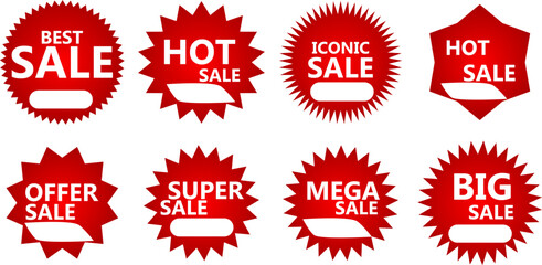 A collection of eight red starburst sale stickers with various promotional texts on a white background.