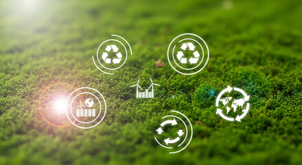 Green environment and sustainable development concept with recycle sign and energy saving icons on green forest promoting environmental protection and eco friendly lifestyle