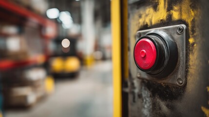 Obraz premium Red Emergency Stop Button in Warehouse