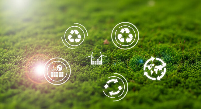 Green environment and sustainable development concept with recycle sign and energy saving icons on green forest promoting environmental protection and eco friendly lifestyle
