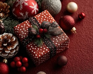 Boxing Day sale design with wrapped gift box and Christmas decorations on red background