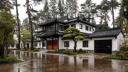 Obraz premium Elegant asian style residence amidst lush greenery with dark roof and open entrance