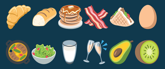 vector illustration of assorted breakfast foods including croissant, bacon, pancakes, egg, and avocado on a blue background. Perfect for cafe menus, nutrition, and culinary designs. Fresh,