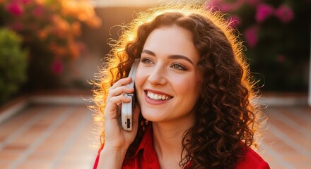 Young woman with curly hair smiling and talking on mobile phone outdoors during golden hour sunset