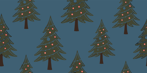 Seamless Christmas tree pattern on a dark blue background with soft glowing lights. Elegant winter design perfect for holiday decor, textiles, and wrapping paper. Ideal for  festive projects.