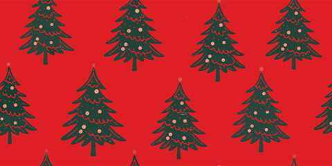 Festive seamless Christmas tree pattern on a bright red background, perfect for holiday wrapping paper, textiles, and digital designs. Classic seasonal decor with cheerful green pine trees. Ideal for 