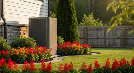 Naklejka premium Modern air conditioning unit outside a house with colorful flowers and green lawn under bright golden sunlight