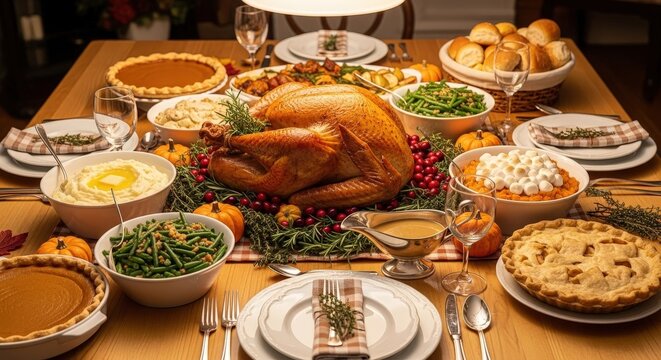 Full thanksgiving dinner with roasted turkey, side dishes, and pies on wooden table in warm light