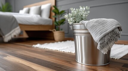 Cleaning tools are neatly displayed in a bedroom, showcasing items needed for efficient cleaning and organization tasks