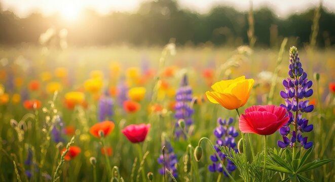 Beautiful vibrant wildflowers, poppies and lupines, glowing in a sunlit meadow at golden hour